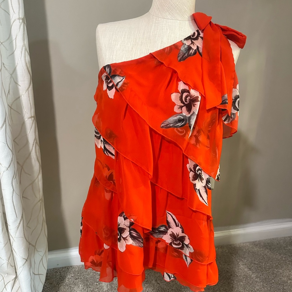 White House Black Market layered sheer one shoulder floral red summer top medium